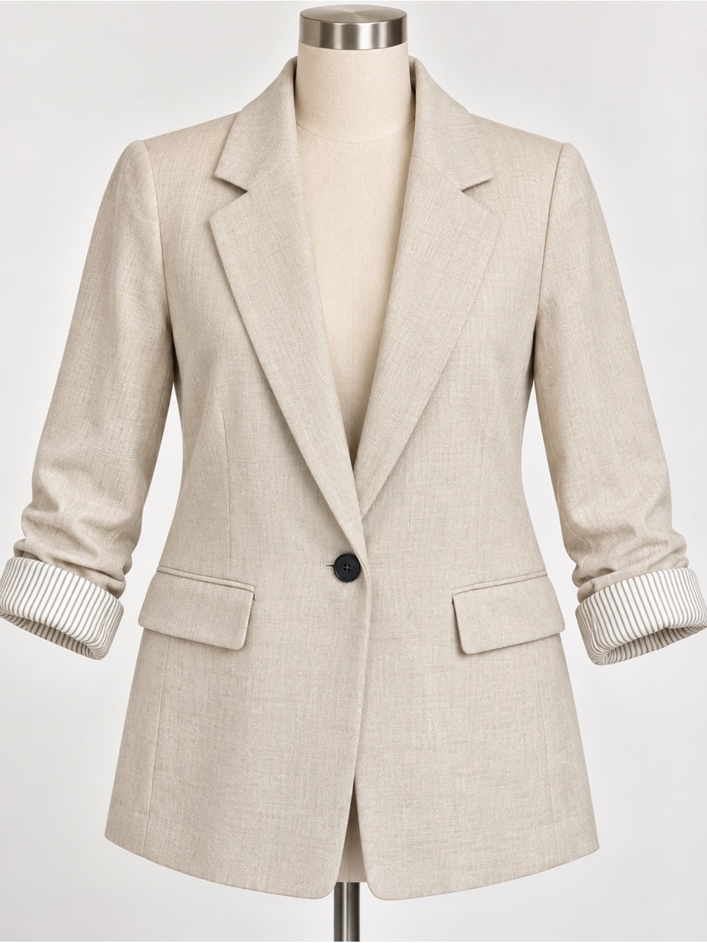 Zara NWT Linen Blend Long Blazer Light Beige Size S Rolled Cuff